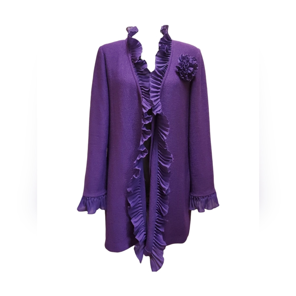 Saint John Deep Purple Long Jacket With Ruffled Edges Flower Broach Size 12